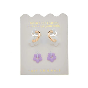 Purple & White Flowers Gold Earrings