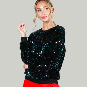 Allover Sequin Crewneck Velvet Top