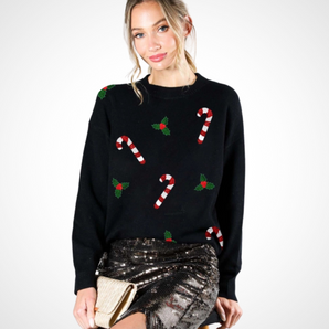 Candy Cane Black Sequin Sweater