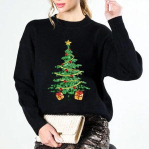 Christmas Tree Sequin Black Sweater