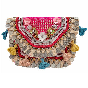 Pink Jute & Coins Beaded Clutch